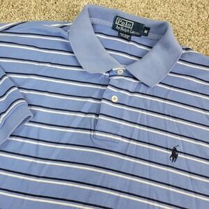 Vintage Polo Ralph Lauren Mens Medium Blue Striped Pony Stretch Knit SS
